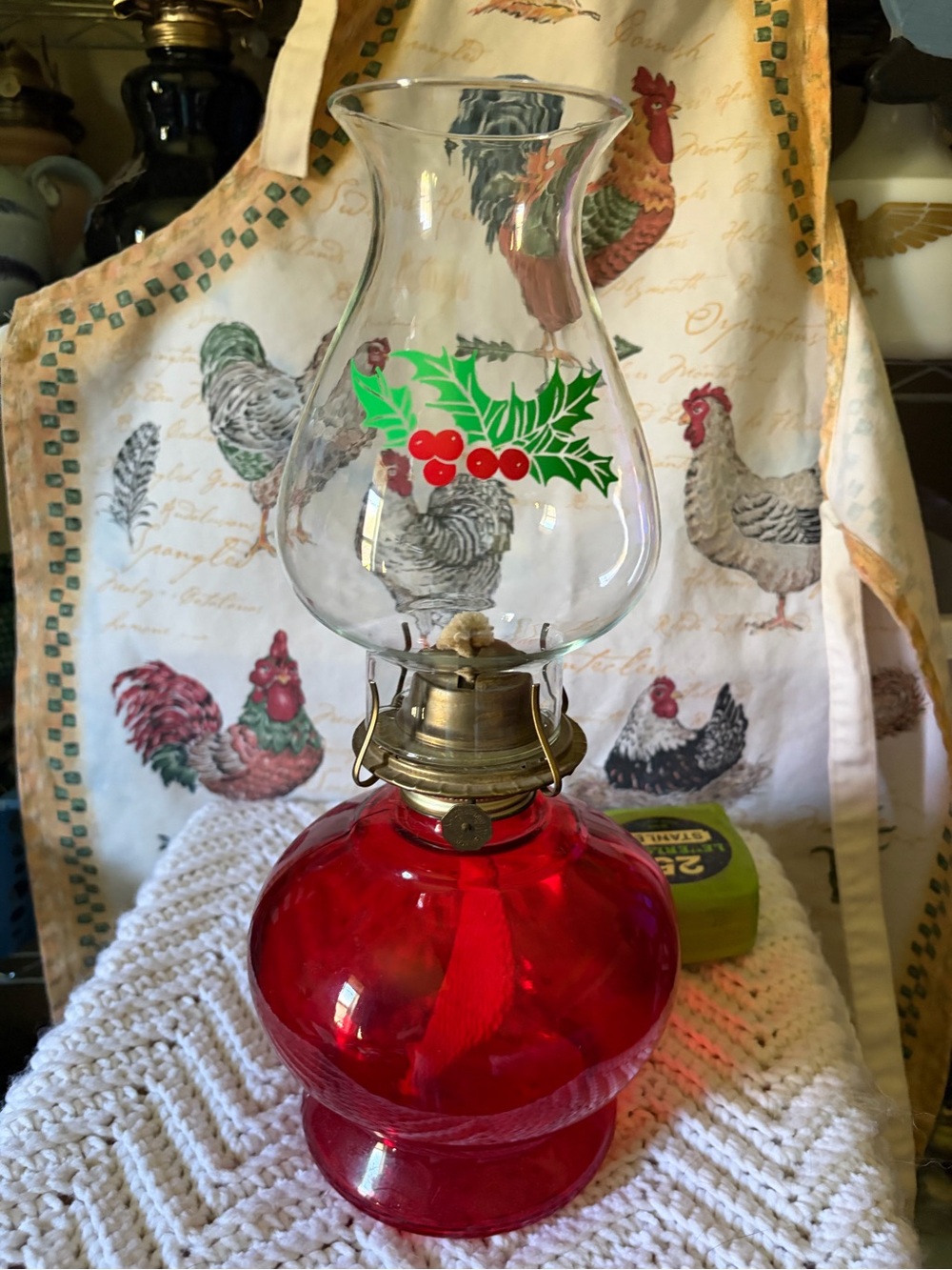 Holiday Red Glass Oil Lamp with Holly Design